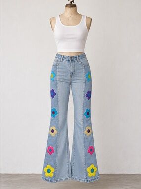 Retro Flower Patch, Two Toned, Flare, Wide Leg Denim Jeans